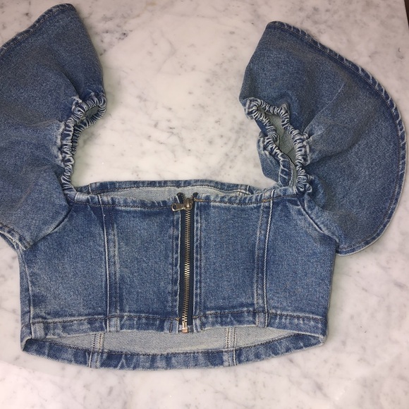 HEVRON Denim crop ruffle top Size 2 - Picture 3 of 10